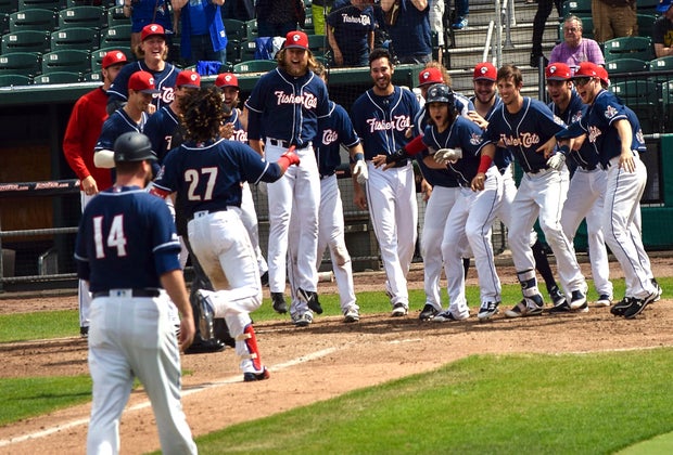 this image shows New Hampshire Fisher Cat baseball players.