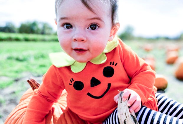 Photo of toddler wearing pumpkin costume in a pumpkin patch