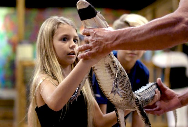 a little girl holds an alligator
