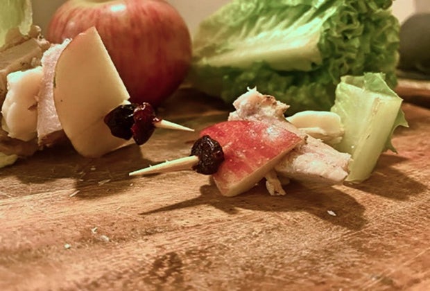 100 School Lunch Ideas for Kids: chicken apple salad on a toothpick