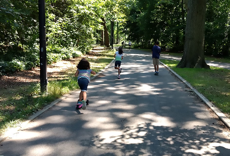 Pelham Bay Park's shady paths are great for scooting, biking, walking, or running. 