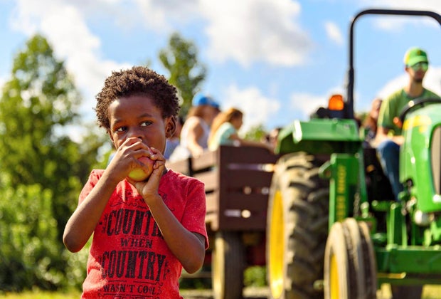 Image of child eating an apple at a Connecticut orchard.