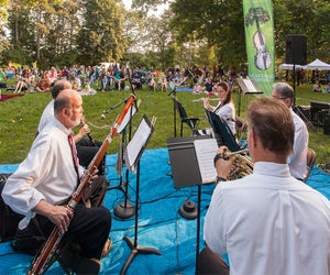 Boston Landmarks Orchestra Ensemble perform at Pinebank Promontory. Photo courtesy of Emerald Necklace Conservancy