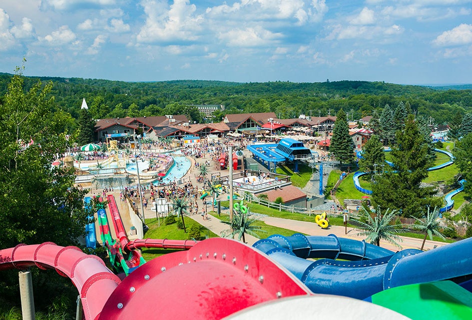 The outdoor water park, Camelbeach, is surrounded by trees and mountains. Photo courtesy the resort