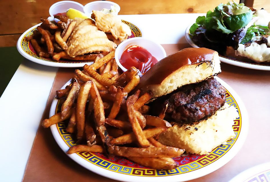 The burger and fries from the kids' menu at Cheryl's Global Kitchen are delicious.