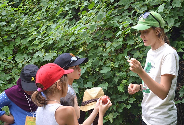 Garden educator teaches children about plants at the Queens Botanical Garden
