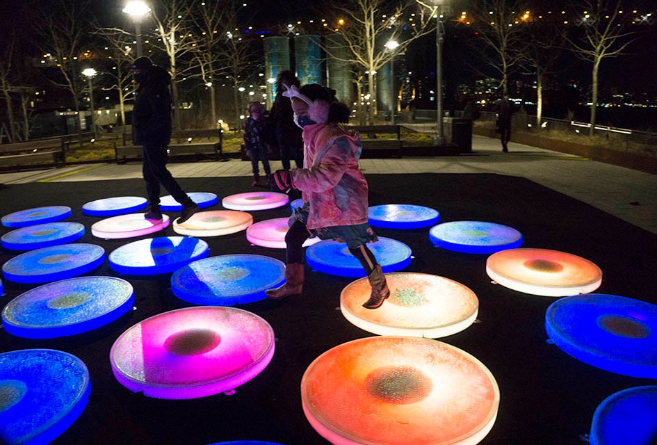 Reflect at Domino Park is fun for all ages with its light-up circles that respond to footsteps.
