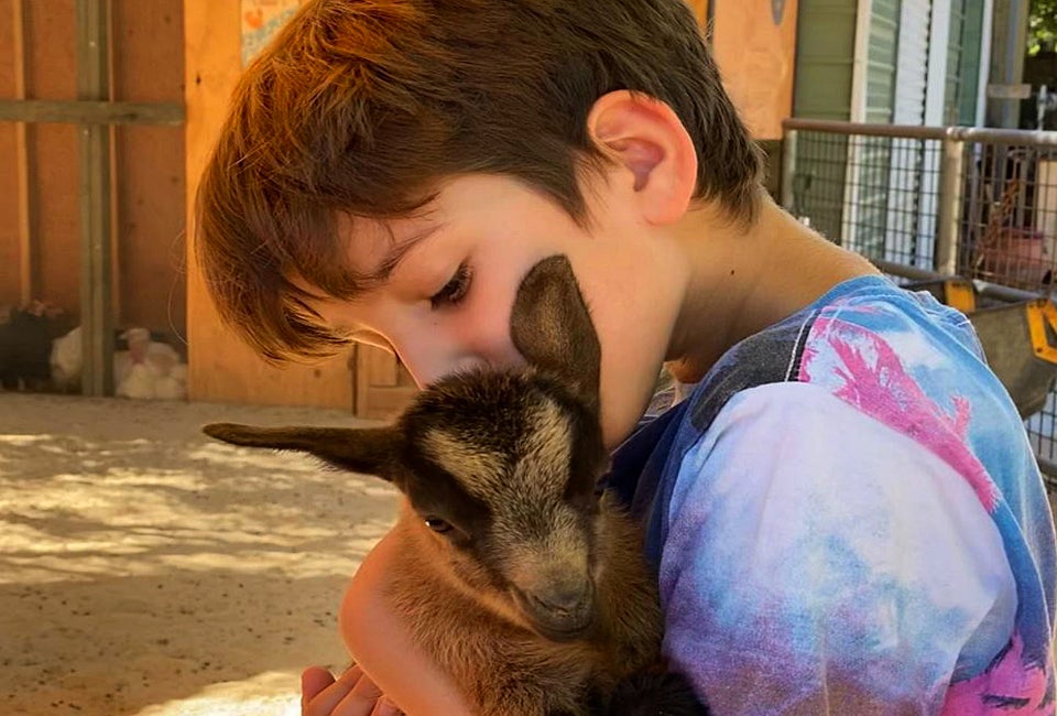 A goat hug makes any day brighter. Photo courtesy of Kfar Saba Urban Farm 