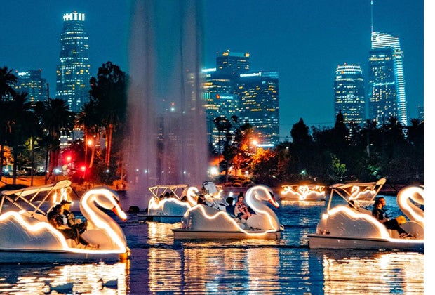 Echo Park Lake swan boats light up the night.