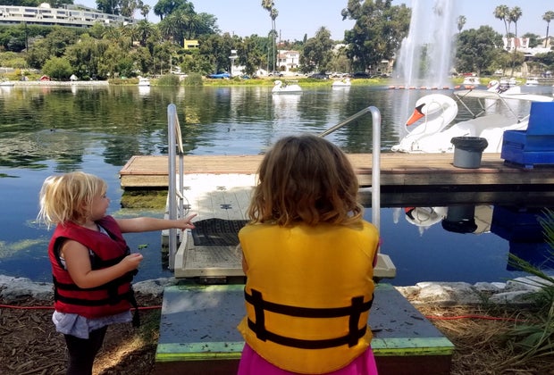 Life jackets on before getting on the swan boats at Echo Park Lake.