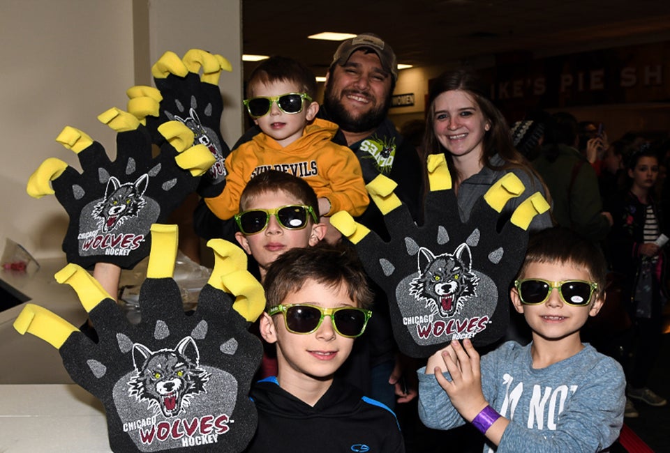 Allstate Arena has tons of fun activities for the Wolves' youngest fans—like a fireworks display and pyro and laser light show at every game.