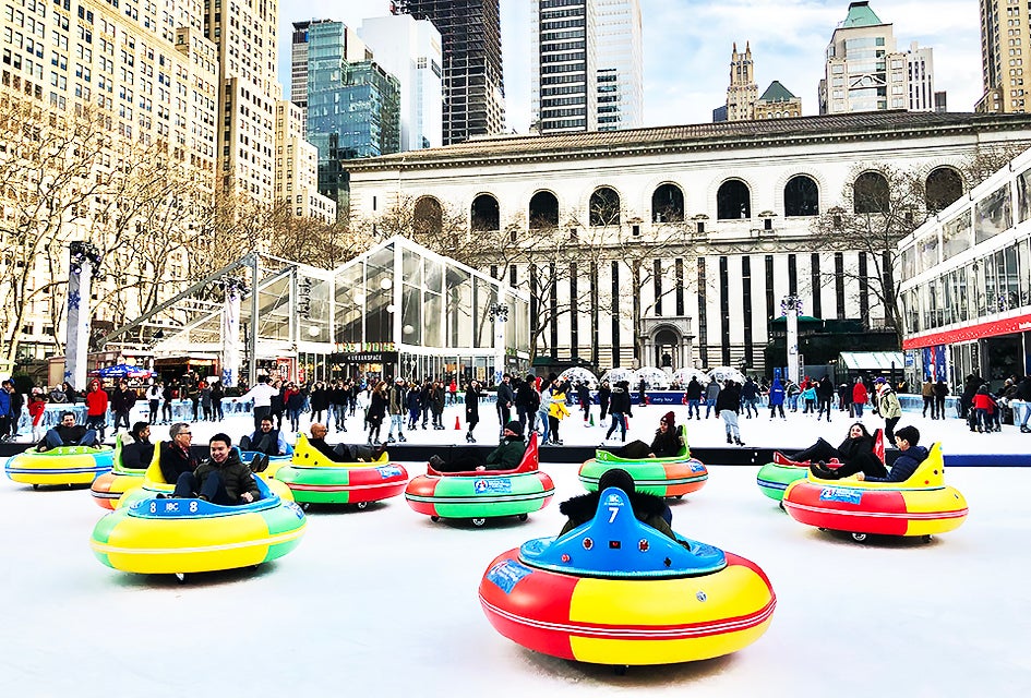 Slide, spin, and bump on the Bryant Park ice skating rink beginning Friday, January 13, 2023. Photo by Janet Bloom