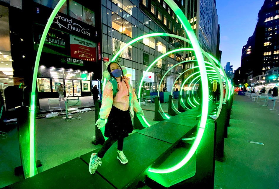 Explore Passage, a light-and-sound-emitting installation on the Broadway Malls this winter. Photo by Jody Mercier