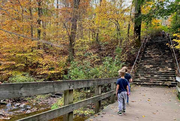 kids peer over a bridge into a river at Hacklebarney State Park