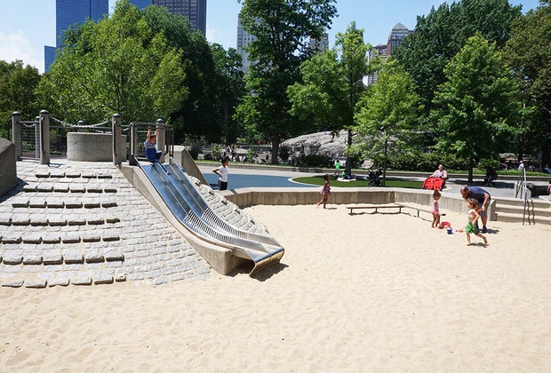 Sanbox and slide at Heckscher Playground in Central Park