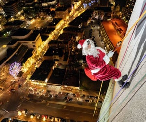 Santa is soaring above Stamford again in December 2025! Heights and Lights photo courtesy of Downtown Stamford Special Services District
