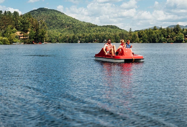 Enjoy watersports like pedal boating during your weekend getaway at High Peaks Resort in Lake Placid