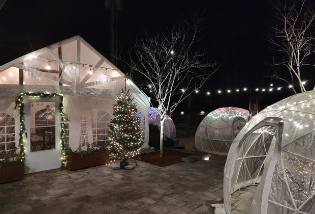 Image of heated patio tent and igloo dining in Connecticut