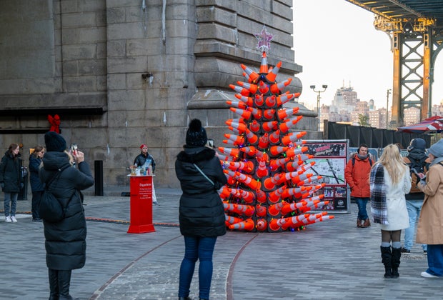  Unique Christmas trees in NYC: Dumbo Construction Cone Tree