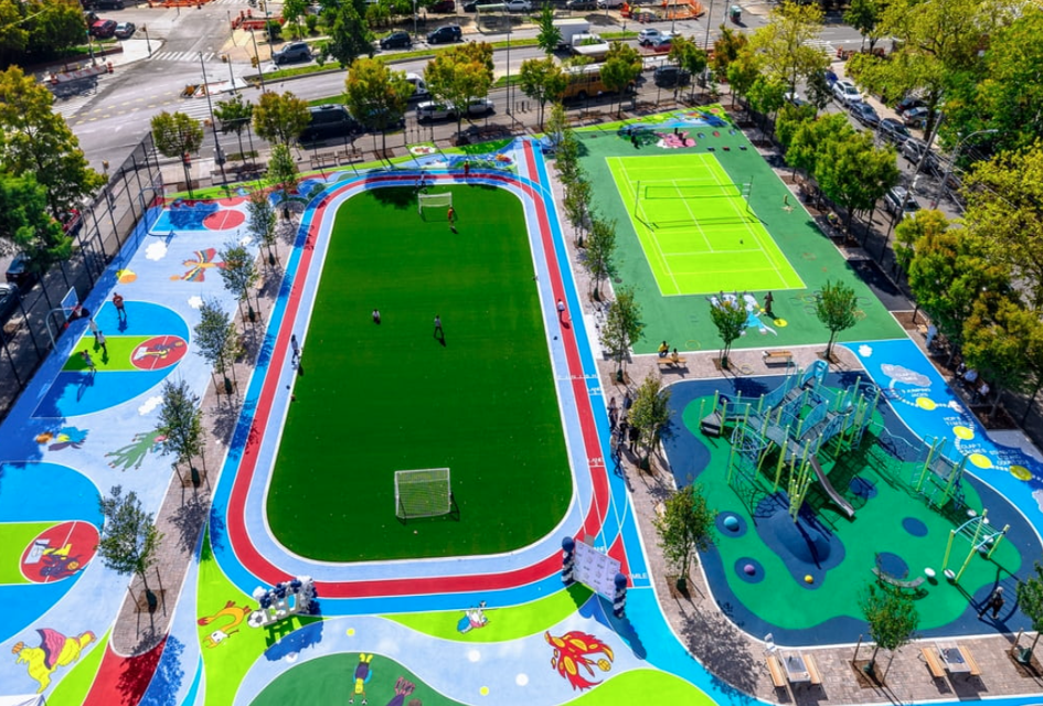 PS 197's new playground is a big improvement from its prior asphalt look. Photo courtesy of Trust for Public Land