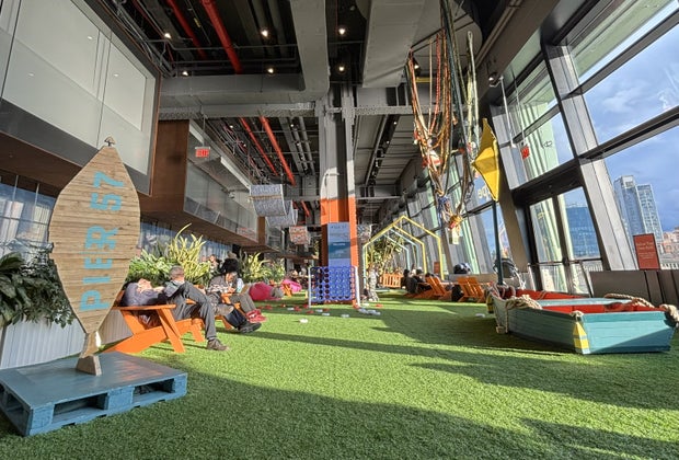 Pier 57 indoor playground: Wide view of the colorful indoor space
