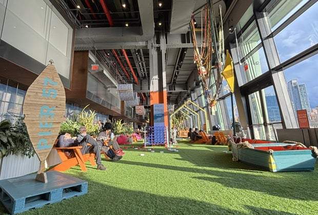 Pier 57 indoor playground: Wide view of the colorful indoor space