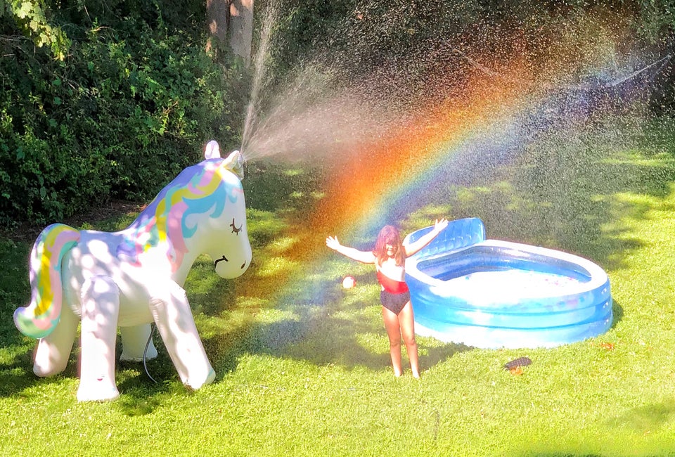 Set up a kiddie pool and mega sprinkle for backyard summer fun. Photo by Ally Noel