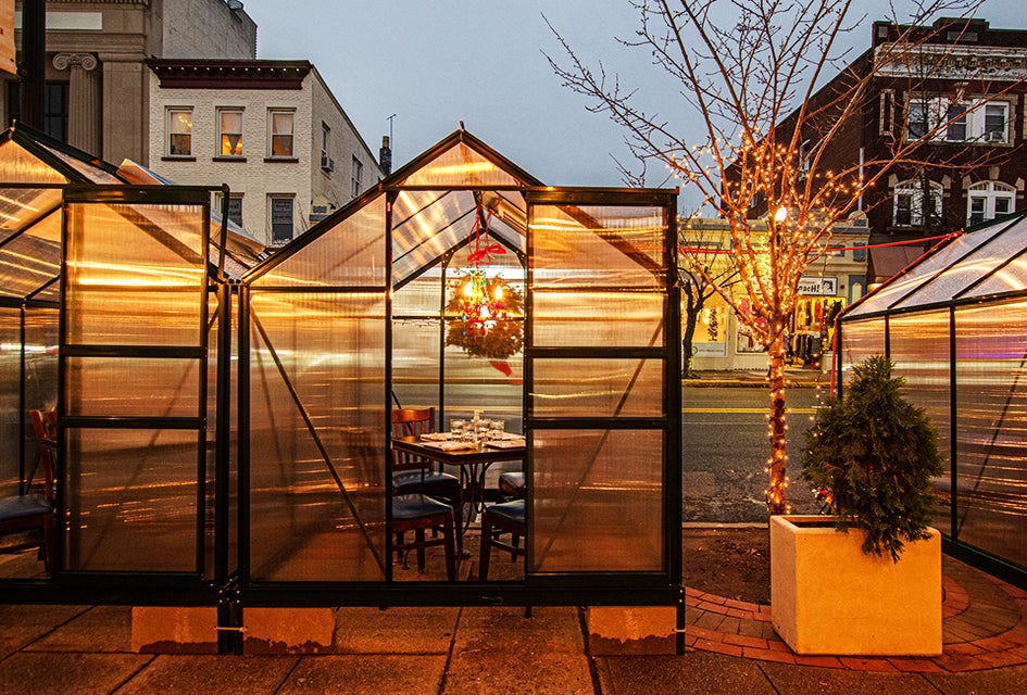 Dine on a scrumptious Greek dinner in a heated plexiglass tent at It's Greek to Me in Ridgewood. 