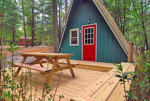 A cabin at Adventure Bound Campgrounds at Tall Pines in New Jersey