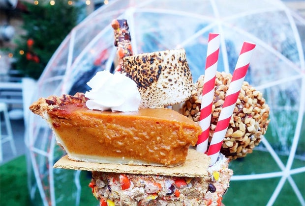 Yes, that's marshmallows on pie on ice cream on a shake at JoJo's, all served in an igloo.