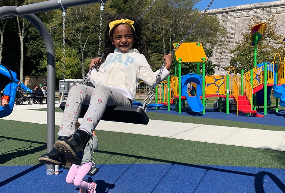 Enjoy a ride on one of the many swing sets.