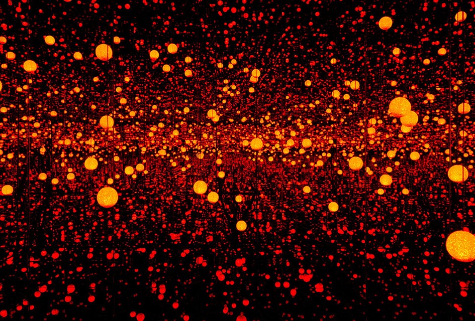Yayoi Kusama's Mirrored Infinity Room is illuminated by an LED lighting system which projects the appearance of infinite space. 