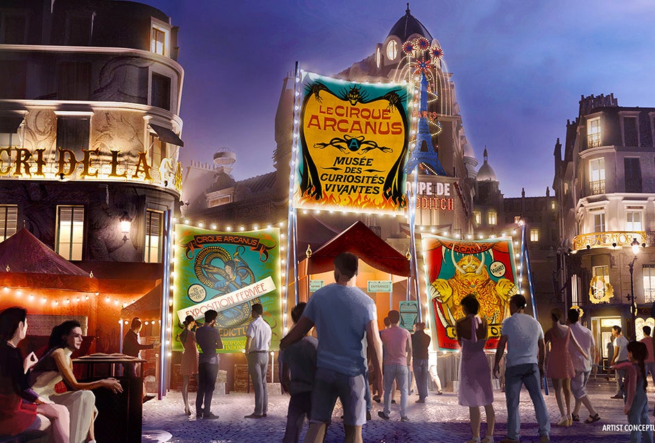 For the first time in The Wizarding World of Harry Potter, guests enjoy a live, theatrical experience at Le Cirque Arcanus. Artist conceptual rendering courtesy of Universal