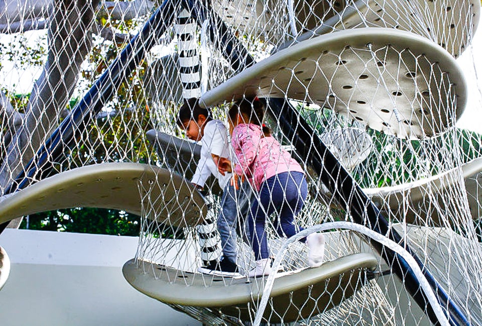  Climb the outdoor web-like play structure at Westfield Century City. Photo courtesy of Luckey Climbers.
