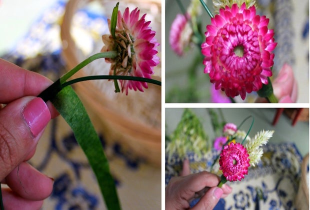 photos of wrapping flower tape around flowers to bind them to the wire to make a flower crown.