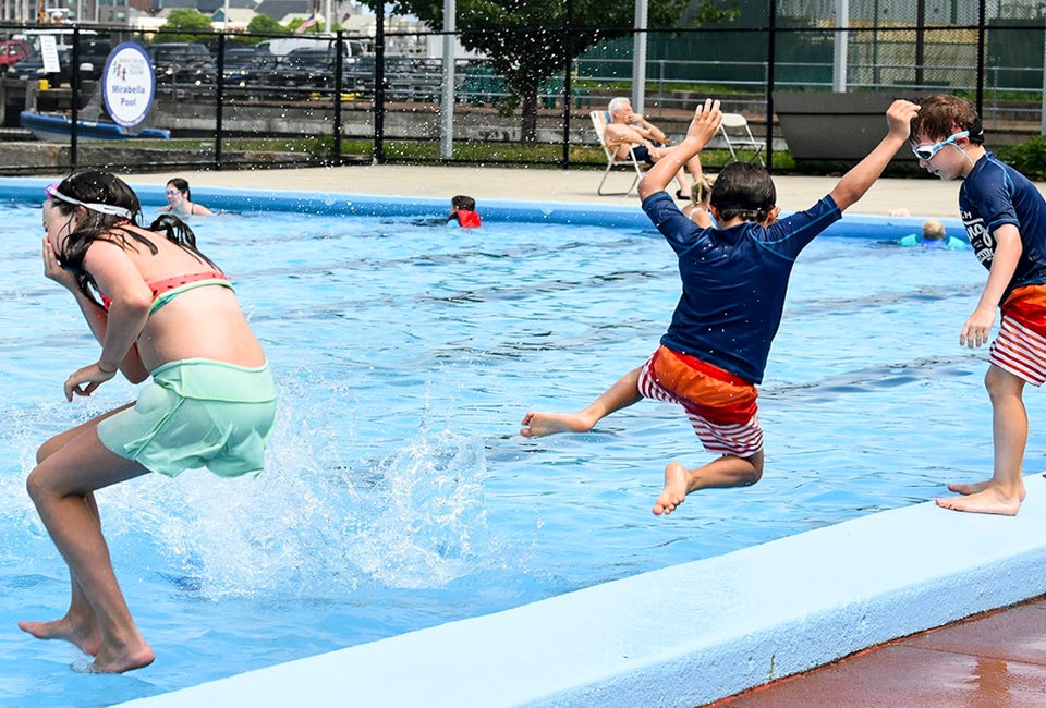 Dive into summer fun at free Boston swimming pools. Mirabella Pool photo courtesy of Boston Centers for Youth & Families