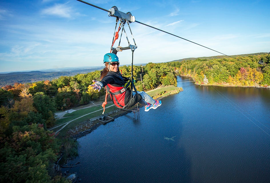 Mountain Creek  provides an unrivaled view from above the fall leaves by taking a ride along its zipline course. Photo courtesy of Mountain Creek