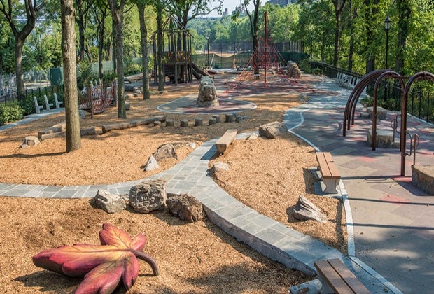 Nature Discovery Playground in Fort Washington Park has plenty of logs and leaves to hop on.