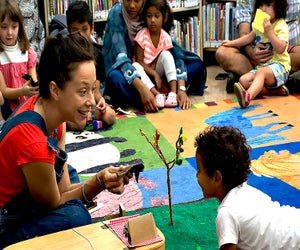 Follow the life cycle of an apple seed through four seasons in Grow! a lovely, interactive performance for very young children. Photo courtesy of the Spellbound Theater