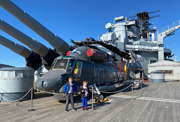 helipcopter on the deck of the Battleship New Jersey