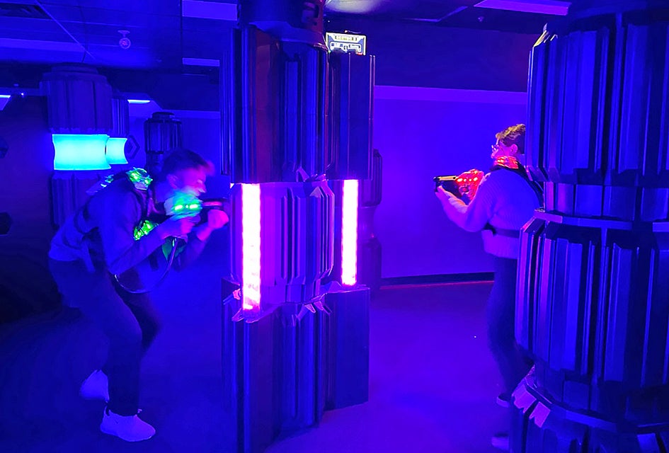 Scale obstacles and hide behind barriers at the Funplex, which has locations in Mt. Laurel and East Hanover. 
