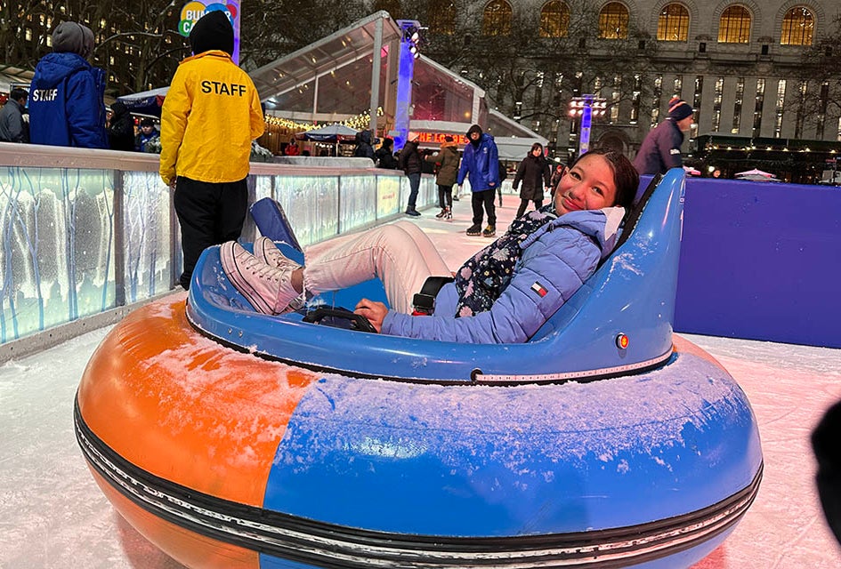 Slip, slide, smash, and crash during a ride on the Bryant Park Bumper Cars on Ice. Photo by Jody Mercier