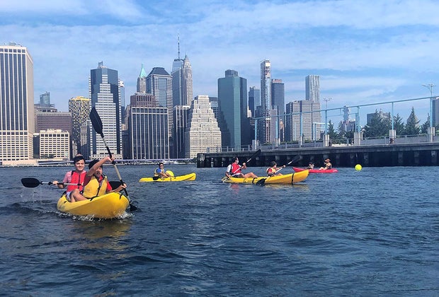 NYC boat ride with kids kayaking in the East River
