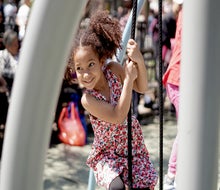 Climb on platforms dangling from ropes at Hester Street Playground. Photo by Jody Mercier