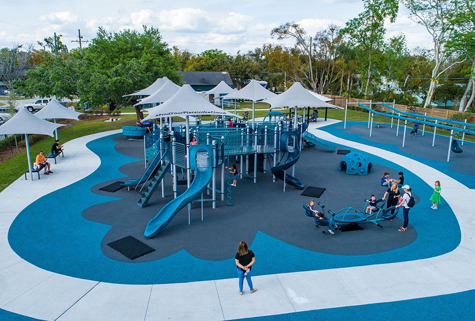 Cannery Park is an all-inclusive park with rubber pad surface, shade coverings, swings, and a soft landing pad at the end of all slides. 