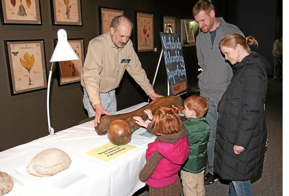 Paleopalooza visitors can touch a real fossil with the help of Collection Manager Ned Gilmore. Photo by Will Klein, courtesy of the Academy of Natural Sciences