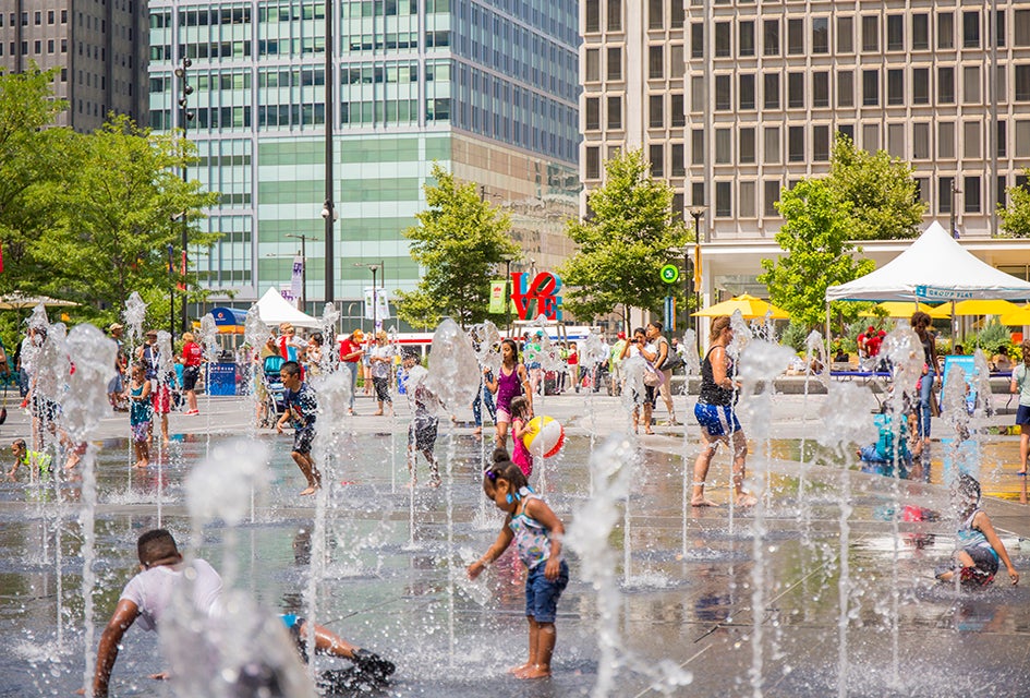 In the summer Dilworth Park is always a good place to run and splash around. Photo by M. Fischetti/Visit Philadelphia