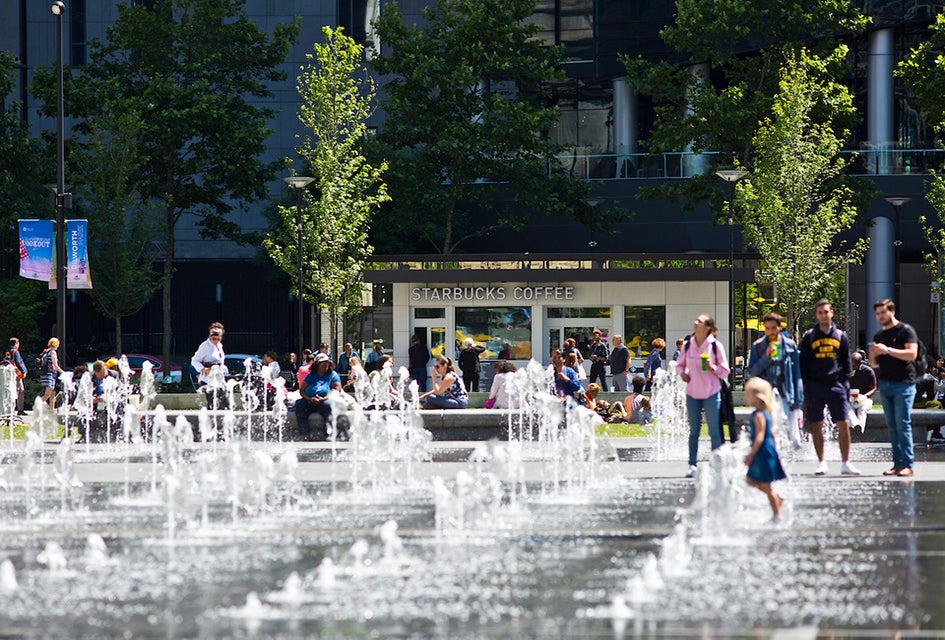 There are a host of spraygrounds and splashpads in the Center City area, like the Fountain at Dilworth Park.  Photo courtesy of Center City District