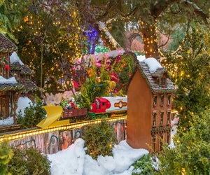 Visit the Holiday Garden Railway, where the trains and buildings are all dressed up for the season. Photo by Rob Cardillo for the Morris Arboretum 