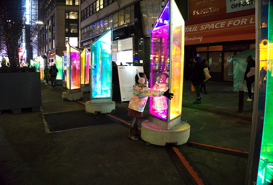 Prismatica brings 25 rotating, rainbow-hued prisms to the Garment District.